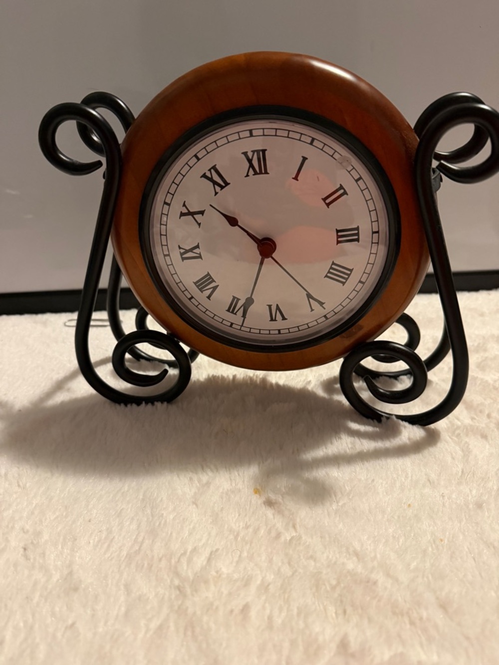 Vintage Brown Wood & Black Metal Scroll Table Clock
